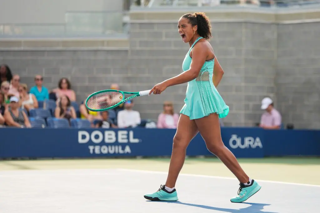 Robin Montgomery reacts during a women's qualifying singles match during Fan Week as part of the 2026 US Open at USTA Billie Jean King National Tennis Center.