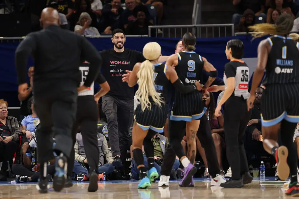Former basketball player Enes Kanter Freedom and Natasha Cloud #9 of the Chicago Sky yell at one another during the second half between the Chicago Sky and the Indiana Fever at Wintrust Arena on August 23, 2026 in Chicago, Illinois.