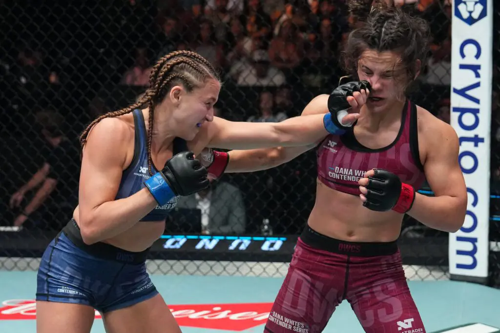 Alex Apodaca punches Bella Mir in a bantamweight fight during Dana White's Contender Series Season 10, Week 3 at Meta APEX on August 25, 2026 in Las Vegas, Nevada.