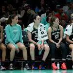 The New York Liberty bench reacts late in the fourth quarter against the Golden State Valkyries at Barclays Center on August 27, 2026 in the Brooklyn borough of New York City. The Golden State Valkyries defeated the New York Liberty