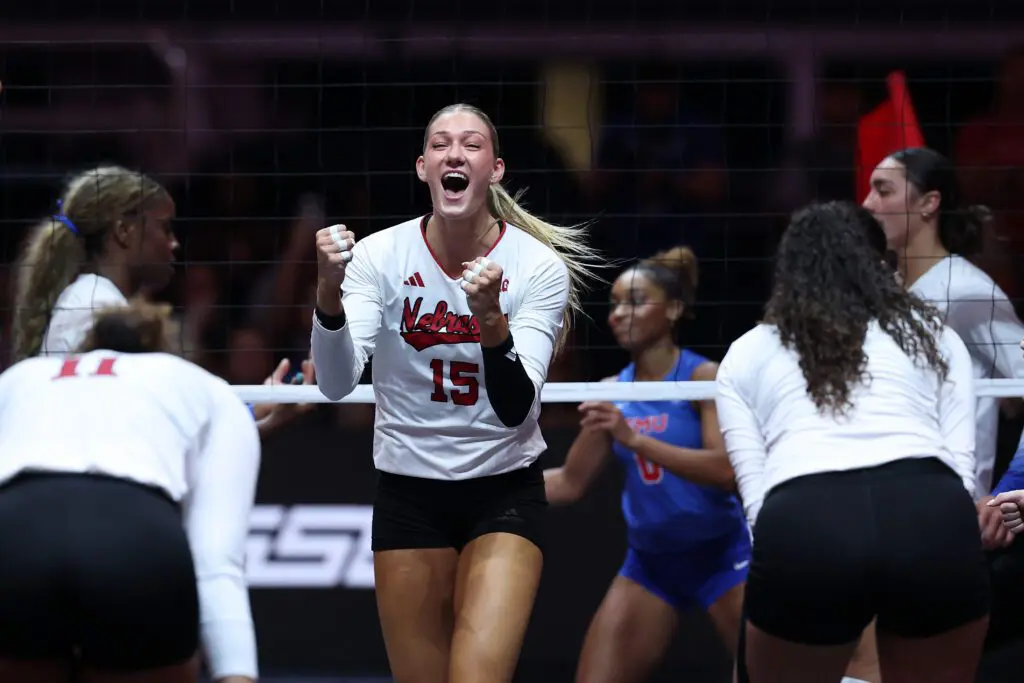 Andi Jackson #15 of the Nebraska Cornhuskers reacts after winning the first set against the SMU Mustangs in game 3 of Spikes Under the Lights at AT&T Stadium on August 27, 2026 in Arlington, Texas.