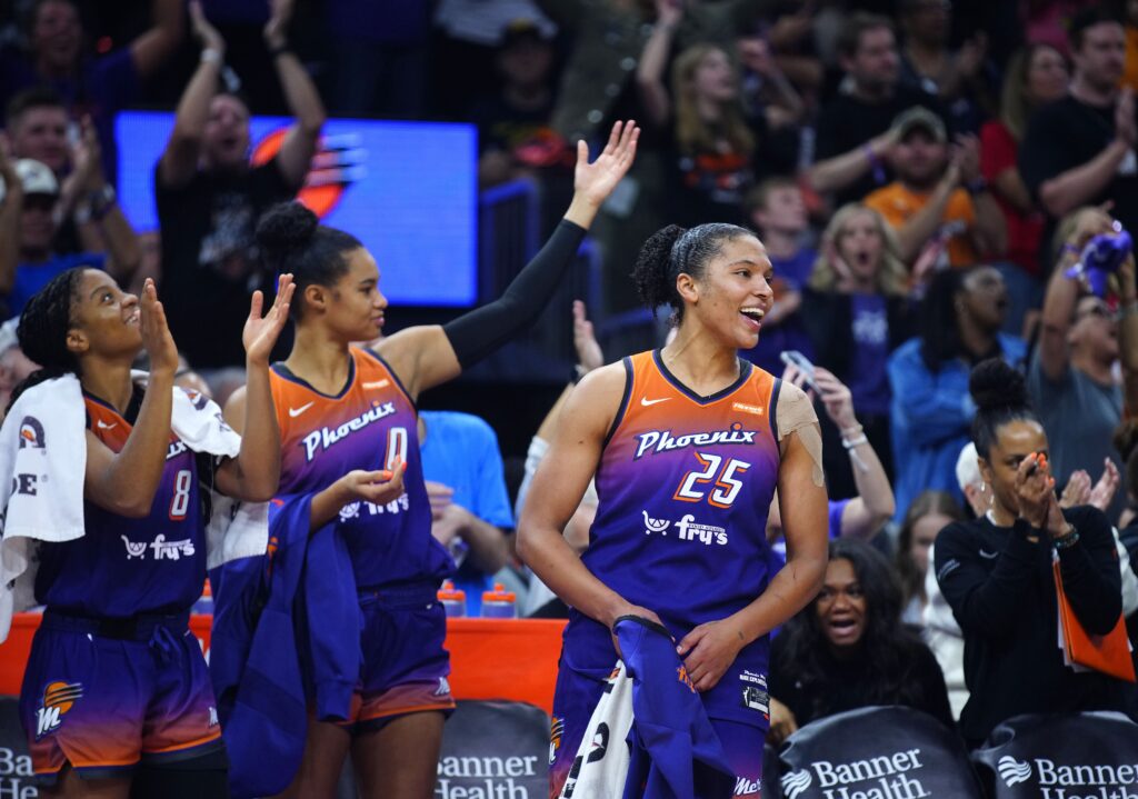Mercury fans chant MVP for guard Alyssa Thomas (25) after she sets a WNBA record with 3 consecutive triple-doubles at PHX Arena in Phoenix on Aug. 7, 2025.