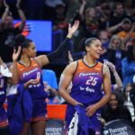 Mercury fans chant MVP for guard Alyssa Thomas (25) after she sets a WNBA record with 3 consecutive triple-doubles at PHX Arena in Phoenix on Aug. 7, 2025.