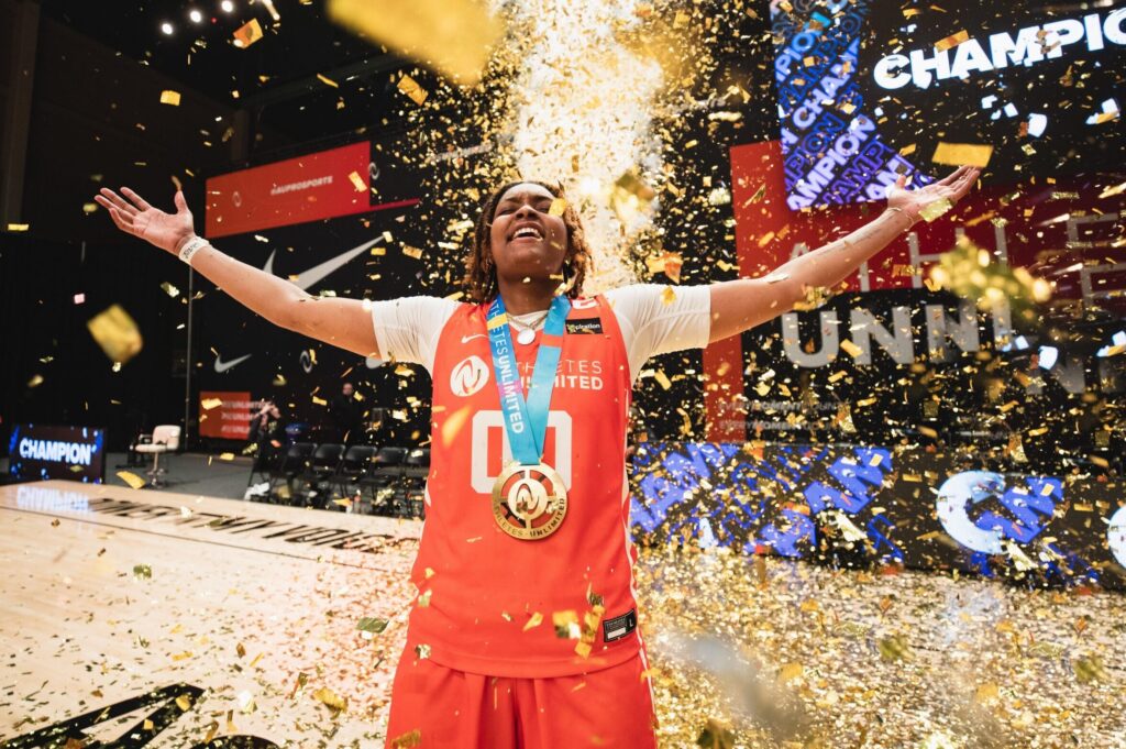 NaLyssa Smith celebrates winning the 2023 Athletes Unlimited basketball title