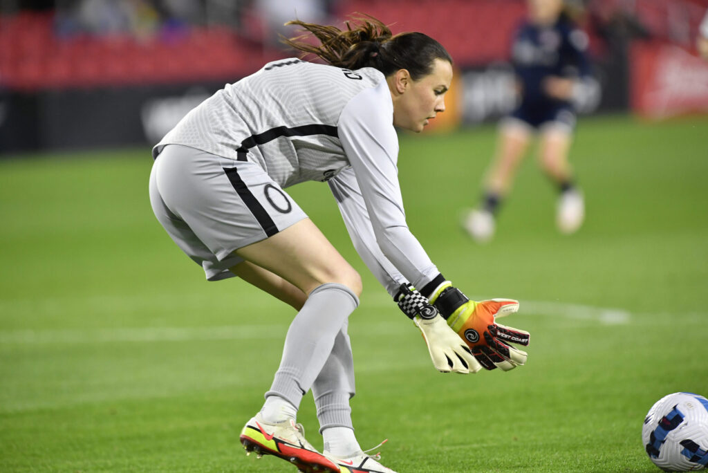 North Carolina Courage goalie Katelyn Rowland makes a save during the NWSL game between North Carolina Courage and Washington Spirit March 30, 2022 at Audi Field in Washington, DC. (Randy Litzinger/Icon Sportswire via Getty Images)