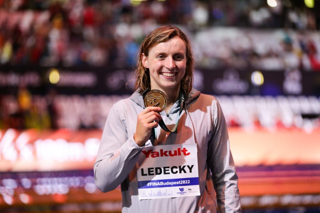 swimmer katie ledecky with world championship gold medal