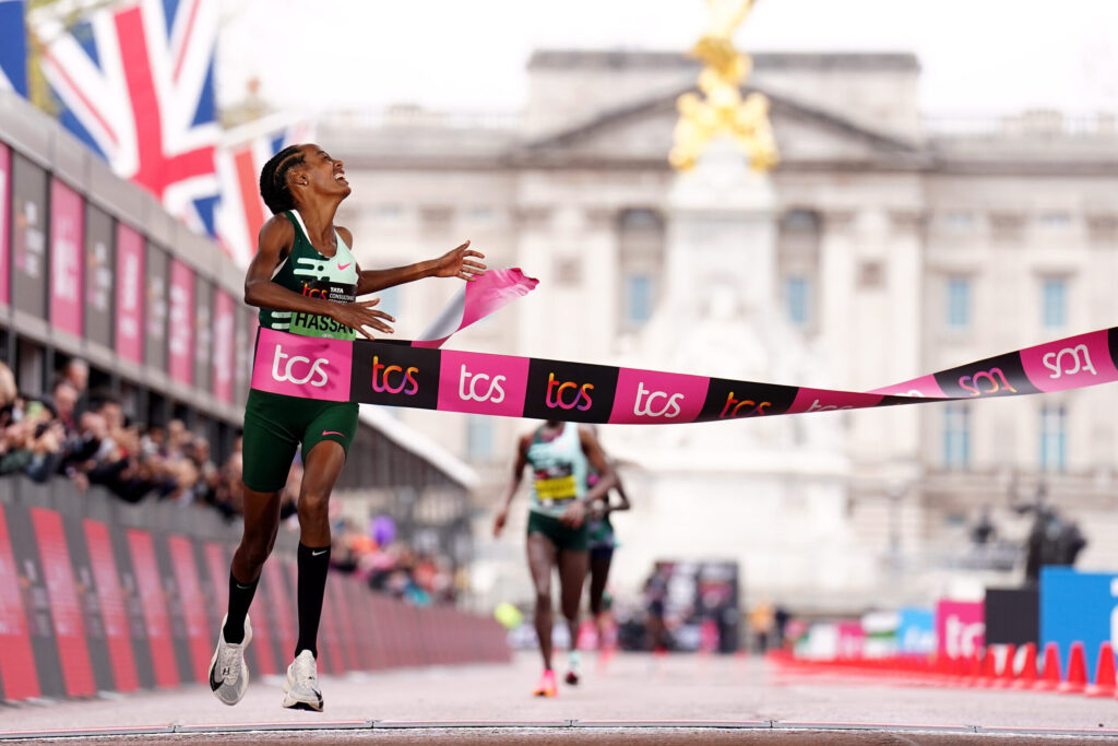 Sifan Hassan crosses the finish line at the 2023 London Marathon