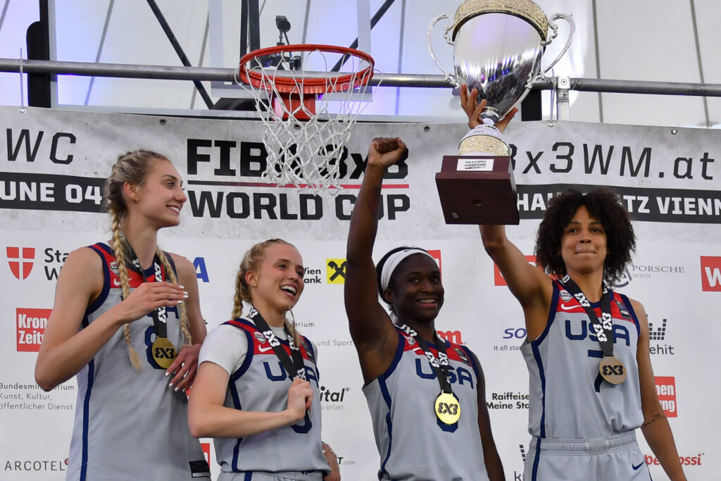 The U.S. team of (L-R) Cameron Brink, Hailey Van Lith, Linnae Harper and Cierra Burdick won the 2023 FIBA 3x3 World Cup.