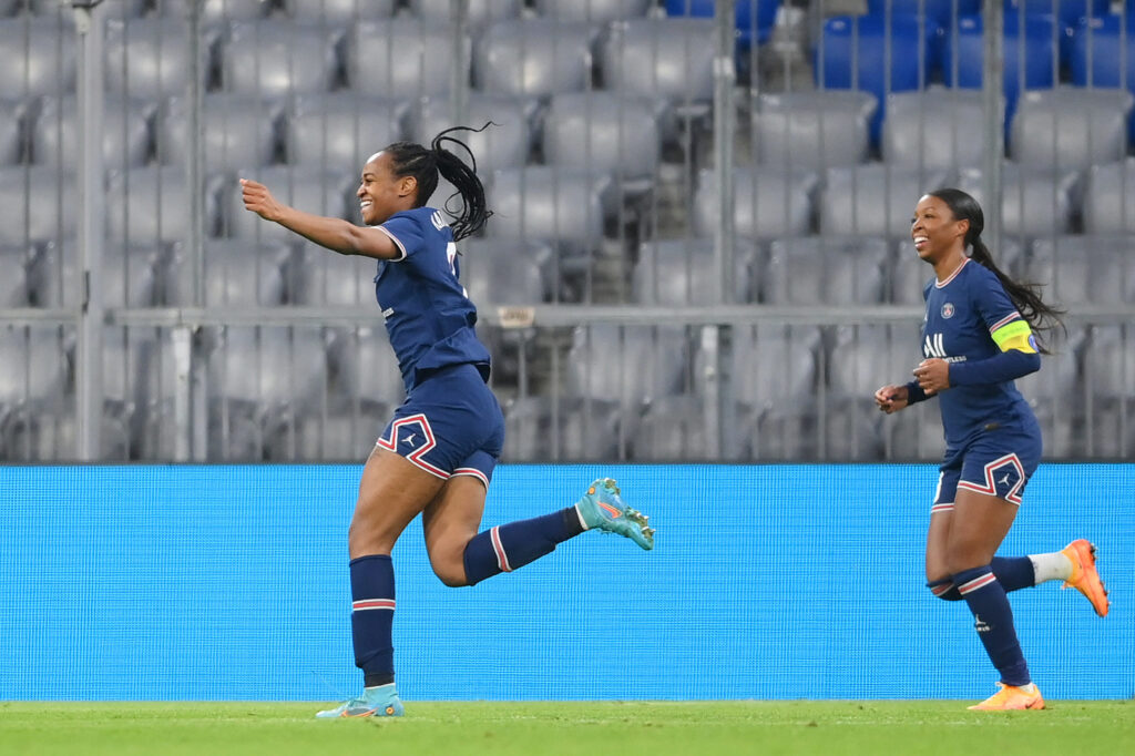 Marie-Antoinette Katoto celebrates after scoring her second goal of the Champions League first-leg quarterfinal match against Bayern.