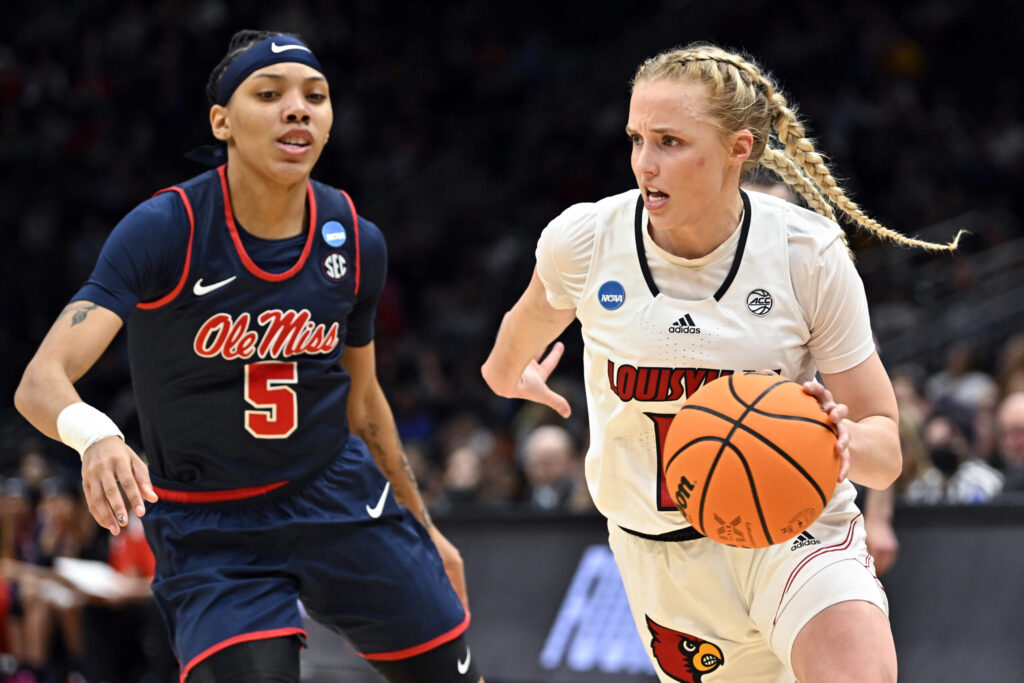 Louisville basketball player Hailey Van Lith competes in the Cardinals' Sweet 16 game against Ole Miss in the 2023 NCAA women's basketball tournament. (Alika Jenner/Getty Images)