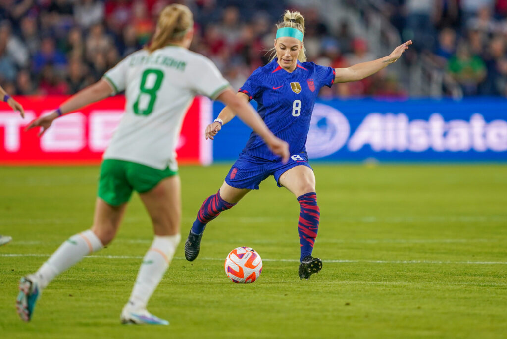 SAINT LOUIS, MO - APRIL 11: Julie Ertz #8 of the United States passes the ball during a game between Ireland and USWNT at CITYPARK on April 11, 2023 in Saint Louis, Missouri.