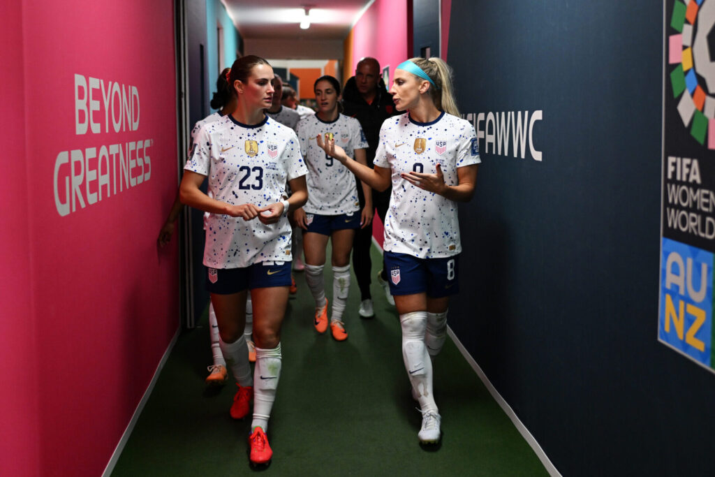 AUCKLAND, NEW ZEALAND - JULY 22: Emily Fox and Julie Ertz of USA talk in the tunnel before the second half during the FIFA Women's World Cup Australia & New Zealand 2023 Group E match between USA and Vietnam at Eden Park on July 22, 2023 in Auckland / Tāmaki Makaurau, New Zealand