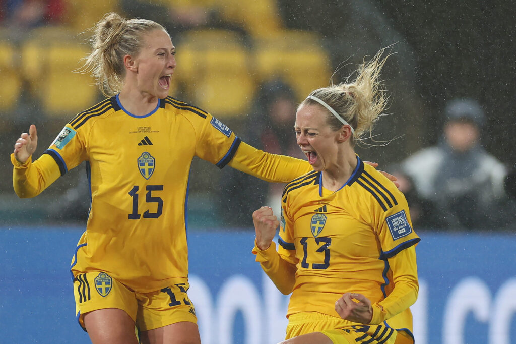 WELLINGTON, NEW ZEALAND - JULY 23: Amanda Ilestedt (R) of Sweden celebrates with teammate Rebecka Blomqvist (L) after scoring her team's second goal during the FIFA Women's World Cup Australia & New Zealand 2023 Group G match between Sweden and South Africa at Wellington Regional Stadium on July 23, 2023 in Wellington / Te Whanganui-a-Tara, New Zealand.