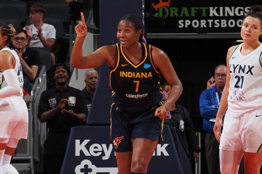 Aliyah Boston of the Indiana Fever celebrates during the game against the Minnesota Lynx on September 10, 2023 at Gainbridge Fieldhouse in Indianapolis, Indiana. (Ron Hoskins/NBAE via Getty Images)
