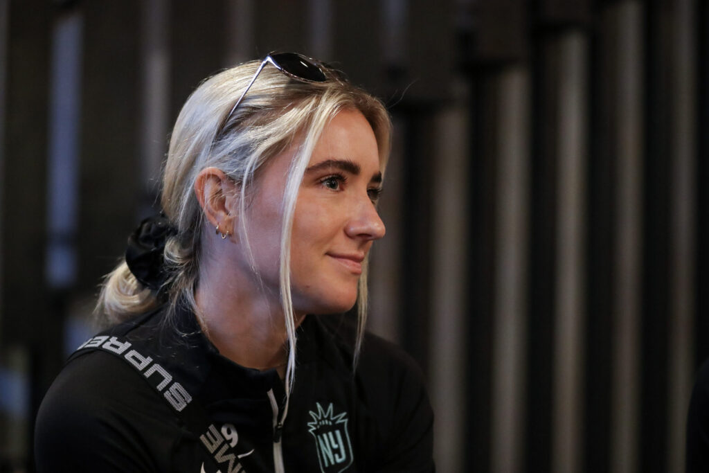 Kristie Mewis speaks with media ahead of the NWSL Championship at Venue 808 on November 09, 2023 in San Diego, California. (Meg Oliphant/Getty Images)