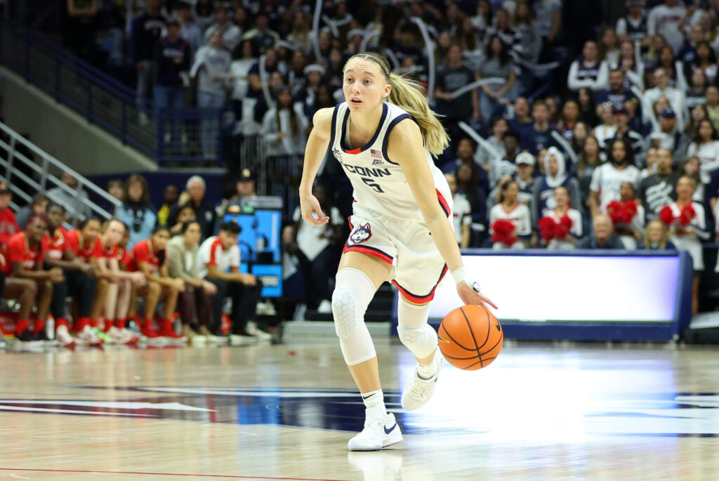 Paige Bueckers dribbles up the court during UConn's game against Maryland on Nov. 16, 2023. (M. Anthony Nesmith/Icon Sportswire via Getty Images)