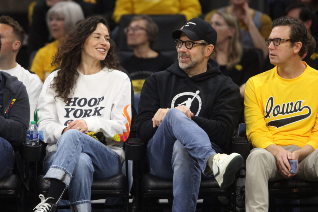 Former WNBA player Sue Bird and actor Jason Sudeikis watch the match-up between the Iowa Hawkeyes and the Bowling Green Falcons at Carver-Hawkeye Arena on December 2, 2023 in Iowa City, Iowa. (Matthew Holst/Getty Images)