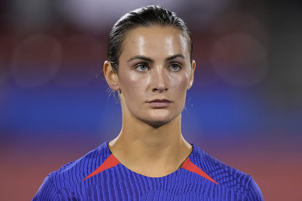 Emily Fox looks on during the singing of the U.S. national anthem before the match against China PR at Toyota Stadium on December 05, 2023. (Sam Hodde/Getty Images)