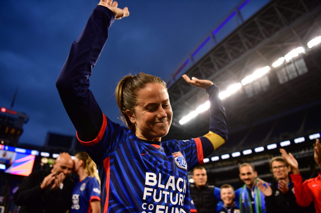 OL Reign captain Lauren "Lu" Barnes celebrates her 200th regular season NWSL appearance.