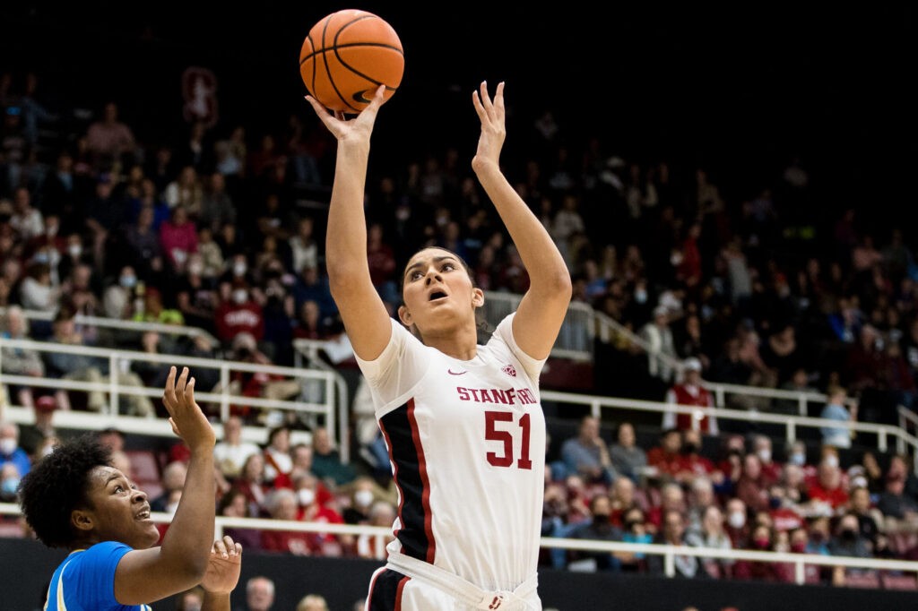 Stanford basketball player Lauren Betts takes a shot