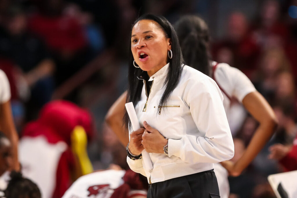 South Carolina head coach Dawn Staley coaches her team from the sidelines