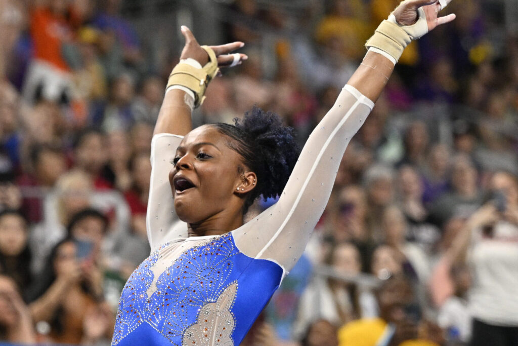 Florida gymnast Trinity Thomas reacts after a vault