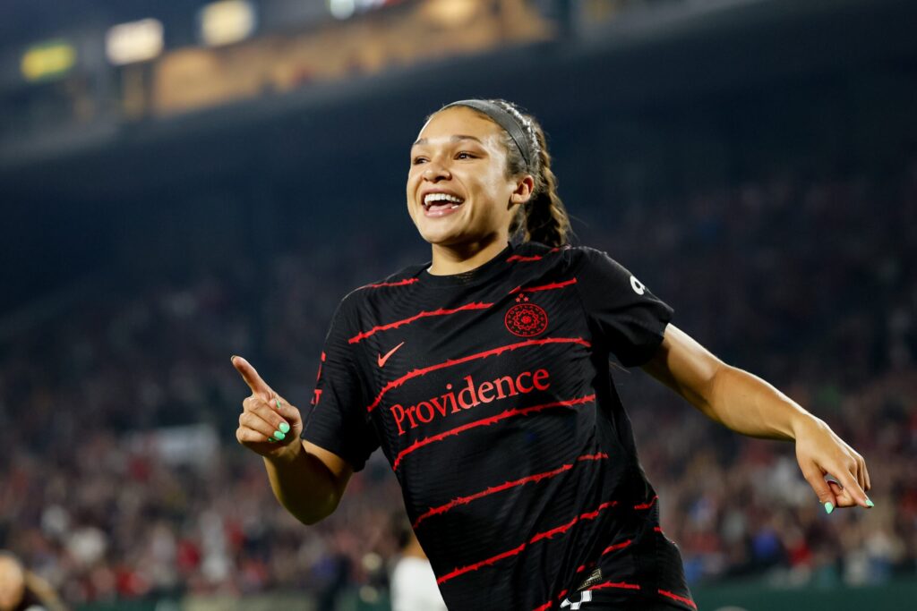 sophia smith celebrates after a goal for the portland thorns