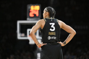 Candace Parker #3 of the Las Vegas Aces looks on during a WNBA game with the Indiana Fever