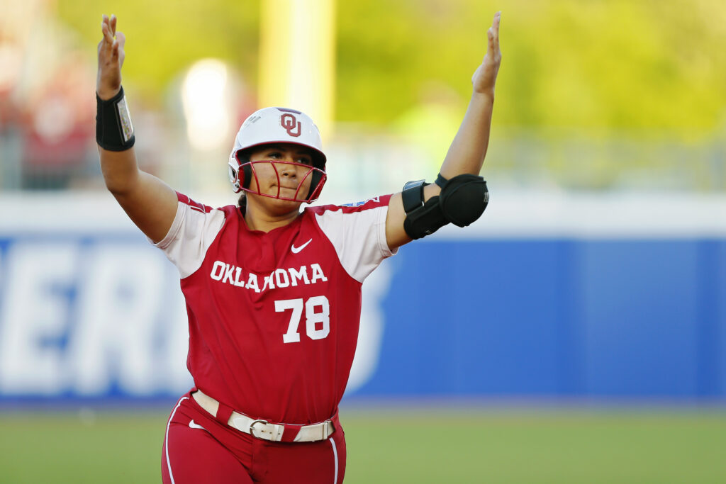 softball star jocelyn alo rounds the bases at an oklahoma sooners game