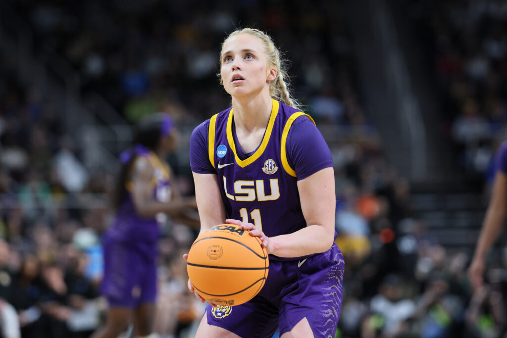 LSU Tiger Hailey Van Lith shoots against the UCLA Bruins at the 2024 NCAA Sweet 16