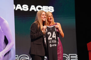 Kate Martin poses with Cathy Engelbert after being drafted by the Las Vegas Aces during the 2024 WNBA Draft in New York