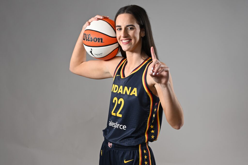 Caitlin Clark #22 of the Indiana Fever poses for a portrait at Gainbridge Fieldhouse during her introductory press conference