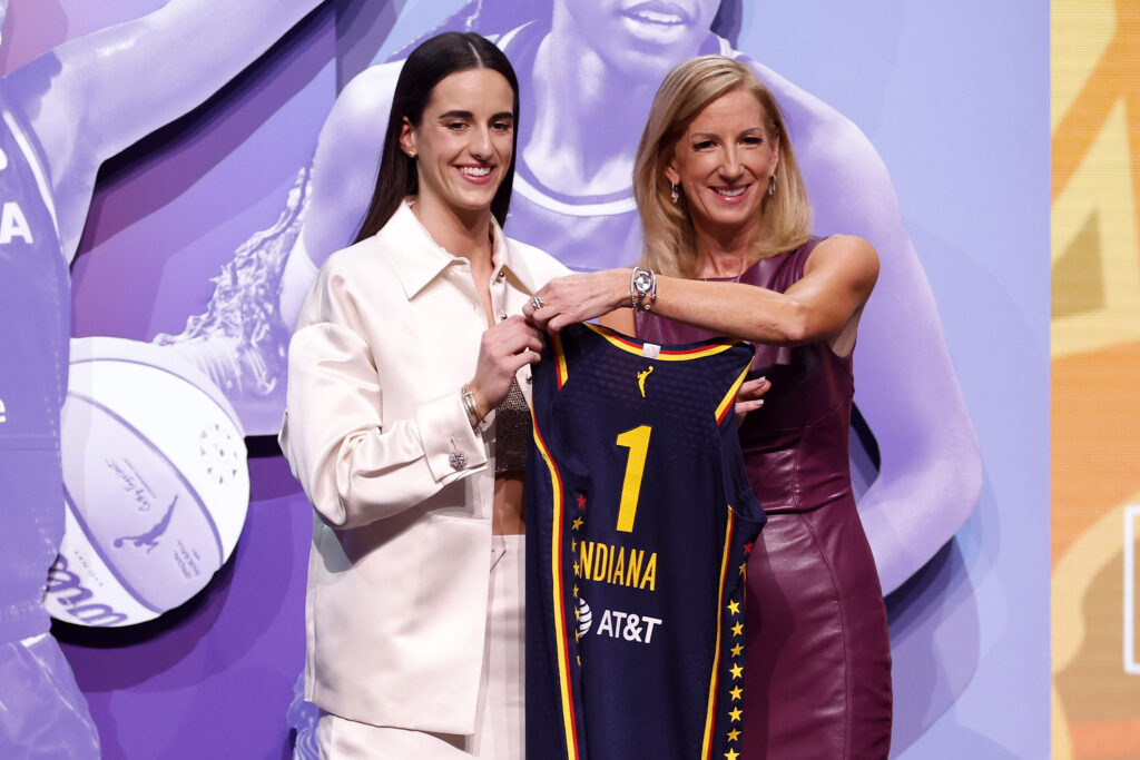 Caitlin Clark with WNBA Commissioner Cathy Engelbert after being selected first overall pick by the Indiana Fever at the 2024 WNBA Draft