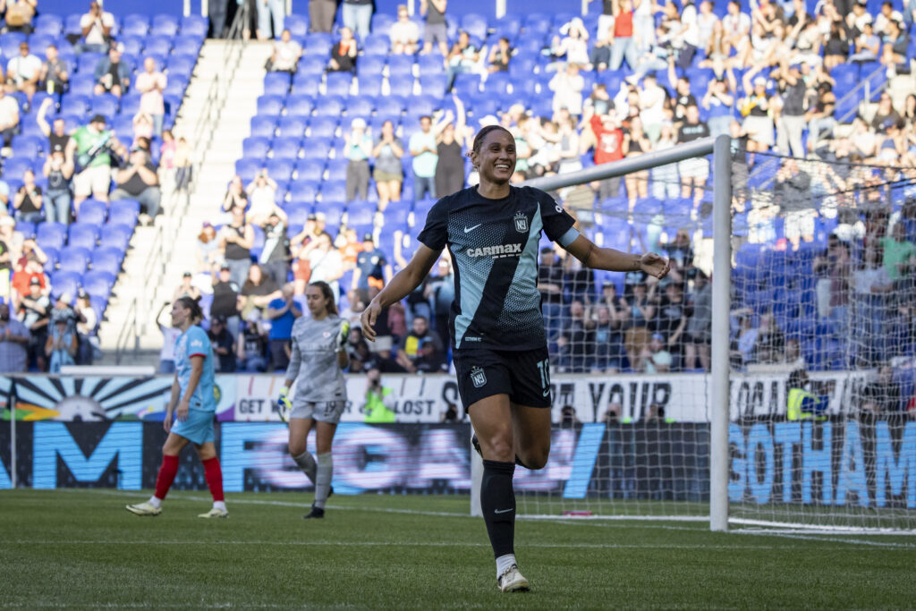 gotham fc's lynn williams celebrates a goal against chicago red stars