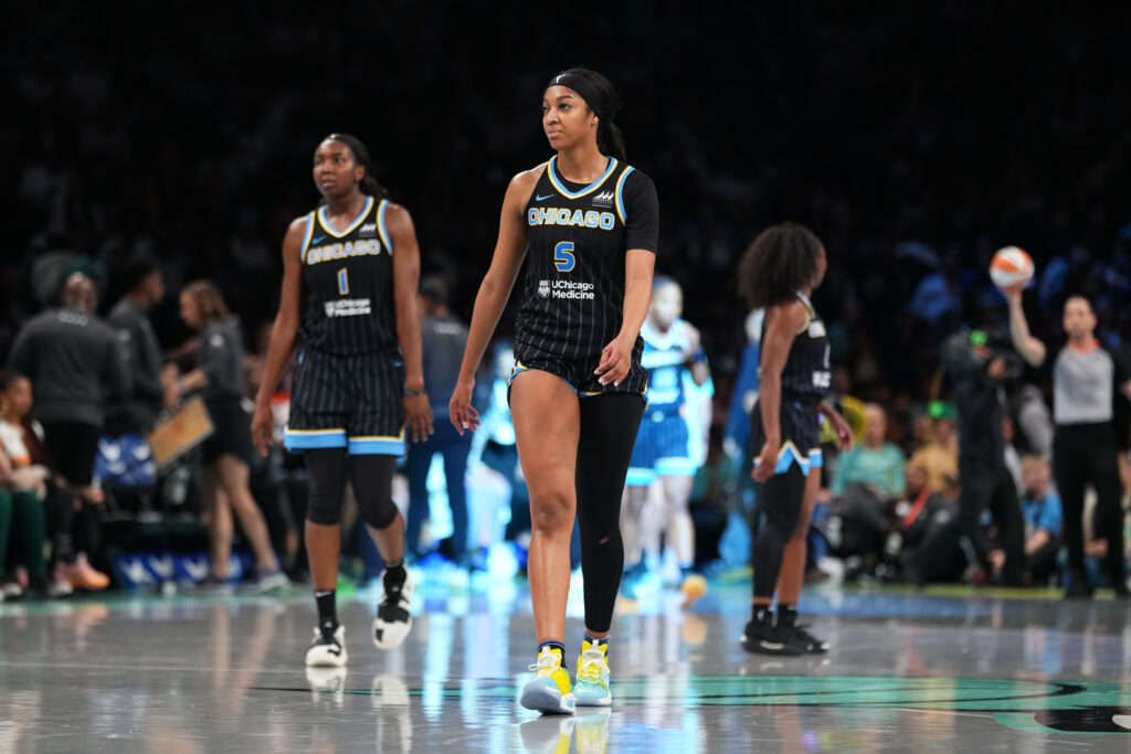 chicago sky's angel reese on the court against new york liberty