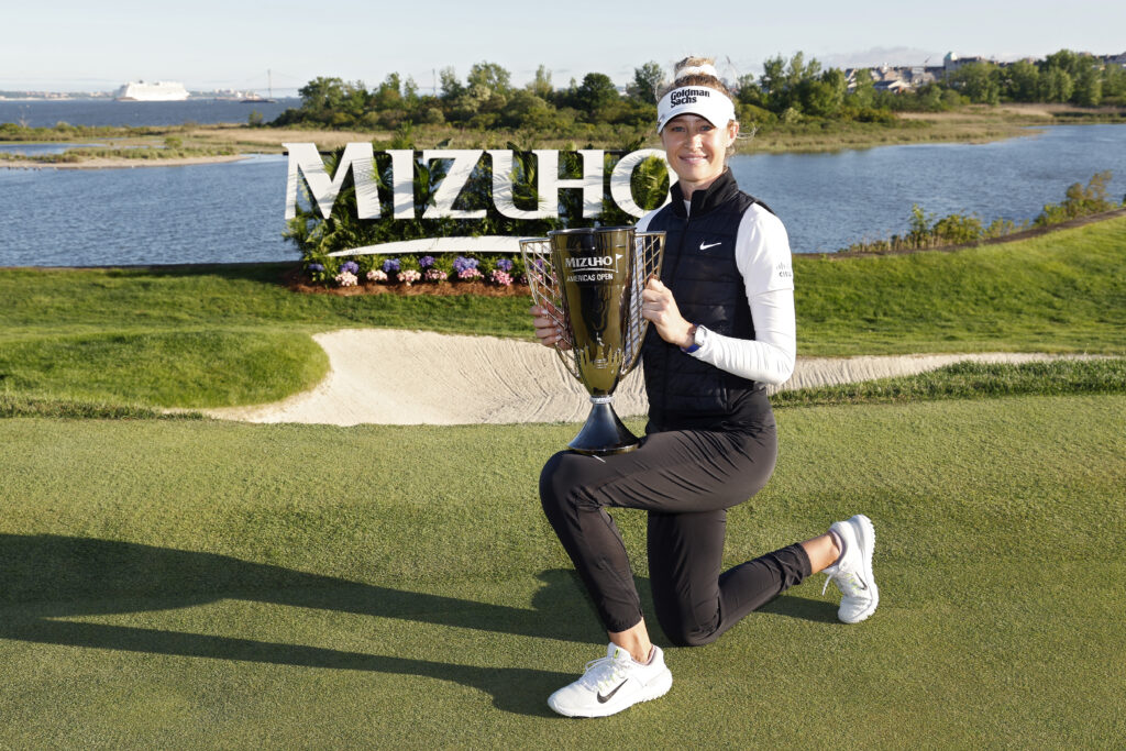 LPGA golfer Nelly Korda poses with Mizuho Americas Open trophy