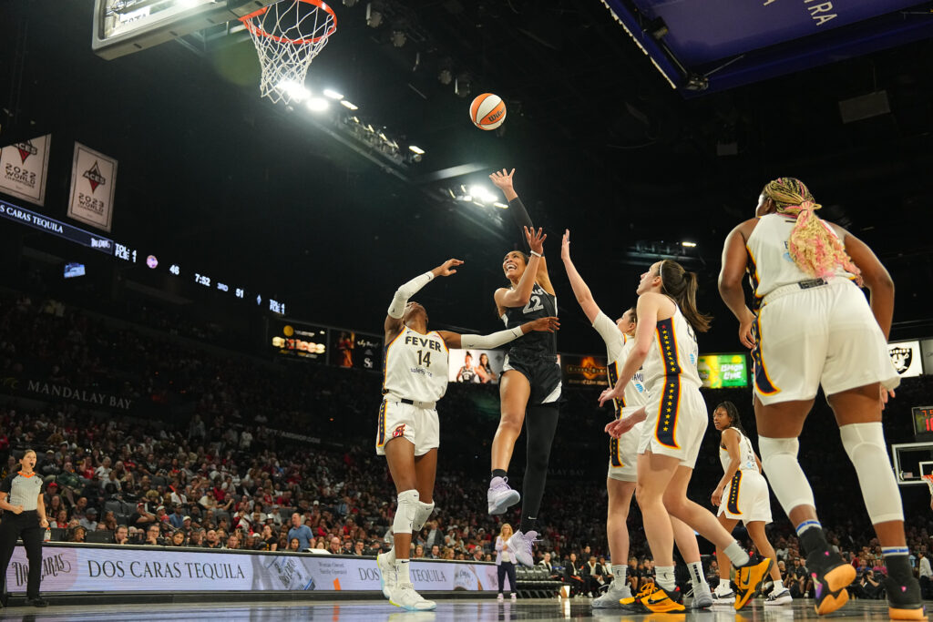 Las Vegas Aces A'ja Wilson (22) in action, shoots vs Indiana Fever at Michelob ULTRA Arena. Las Vegas