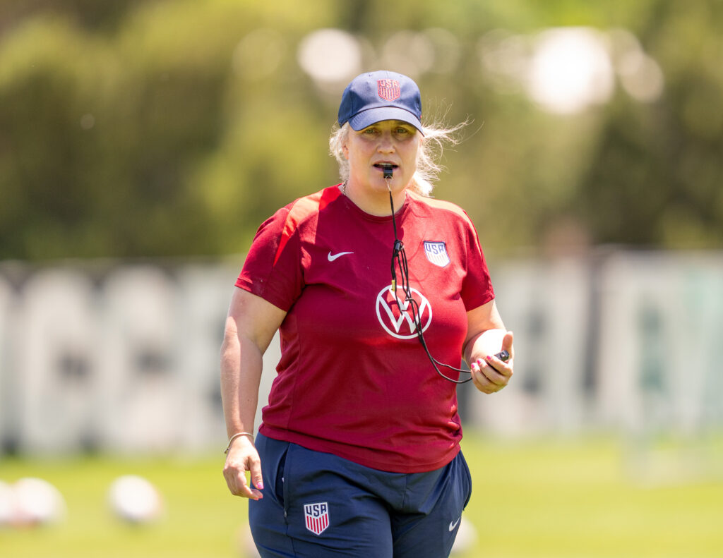 Emma Hayes of the United States watches her team during USWNT training