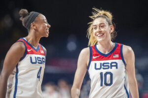 Jewell Loyd #4 of the United States and Breanna Stewart #10 of the United States celebrate the teams victory during the 2020 Tokyo Olympics Japan V USA basketball final