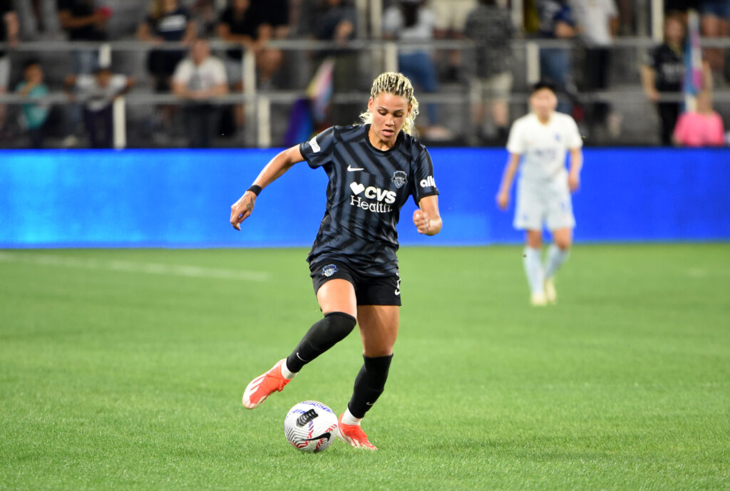 NWSL Washington Spirit forward Trinity Rodman moves the ball down field against the Seattle Reign