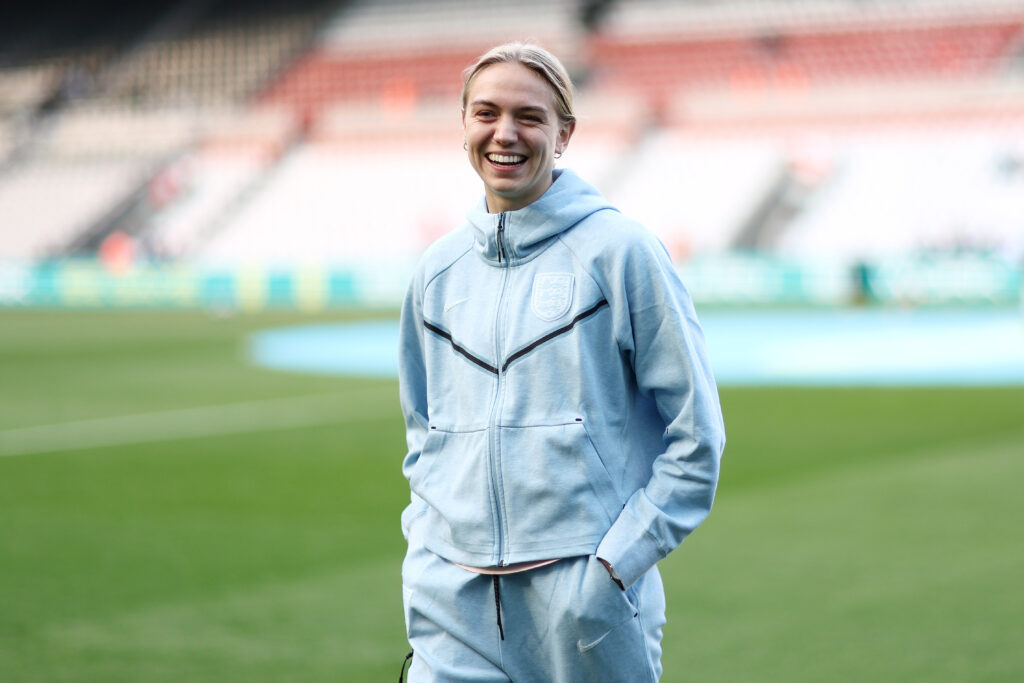 Esme Morgan of England inspects the pitch prior to the UEFA Women's EURO 2025 qualifying match between England and France