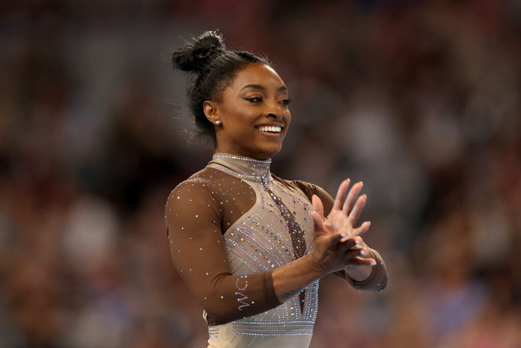 Simone Biles competes in the floor exercise during the 2024 Xfinity U.S. Gymnastics Championship