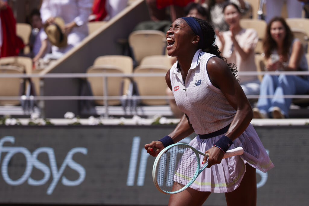 coco gauff celebrating her quarterfinal win at the 2024 french open