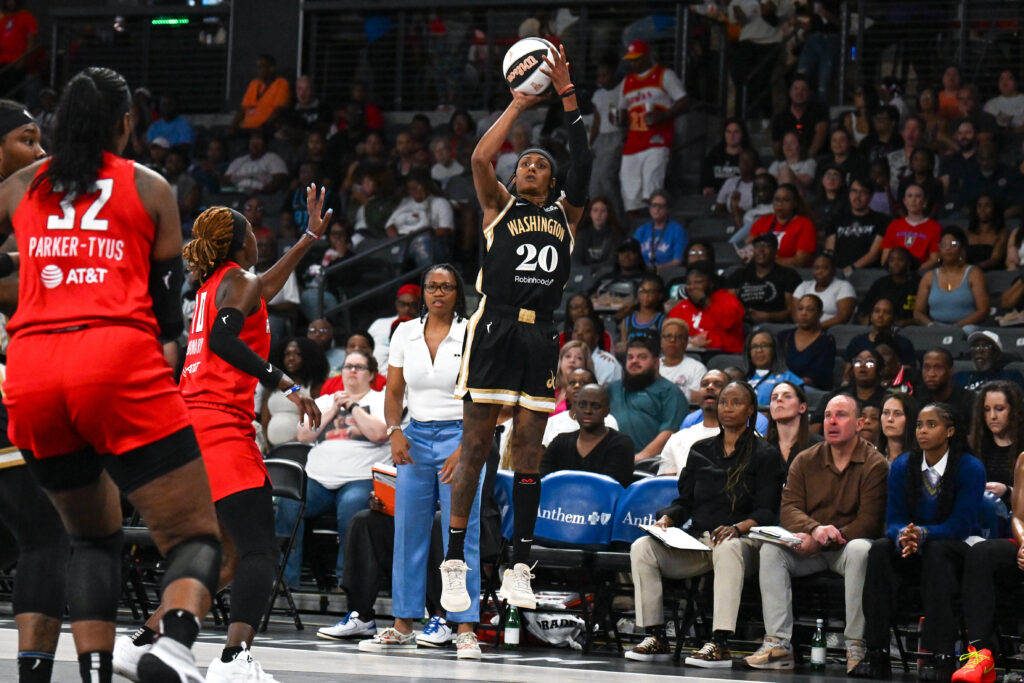 Brittney Sykes #20 of the Washington Mystics shoots the ball during the game against the Atlanta Dream during the 2024 WNBA Commissioner's Cup game on June 11, 2024