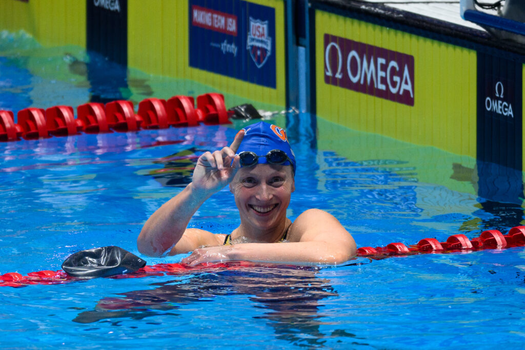 Katie Ledecky celebrates after winning the 400-meter freestyle during this year's US Olympic Swimming Team Trials