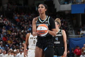 WNBA star Angel Reese of the Chicago Sky shoots a free throw during the game against the Indiana Fever