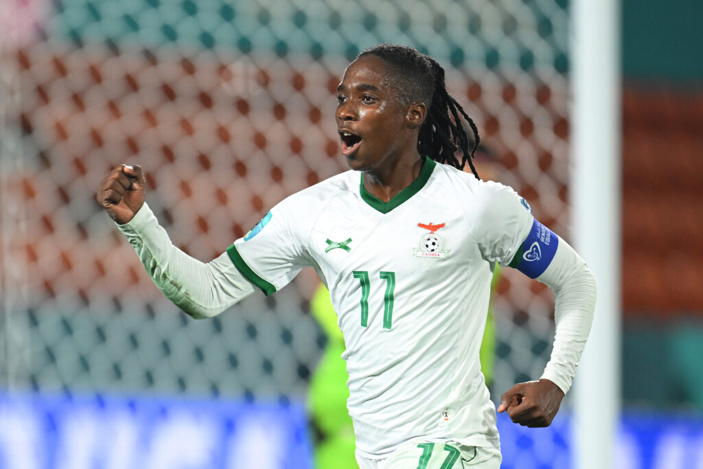 Barbra Banda of Zambia's Olympic soccer team celebrates after scoring at the 2023 World Cup