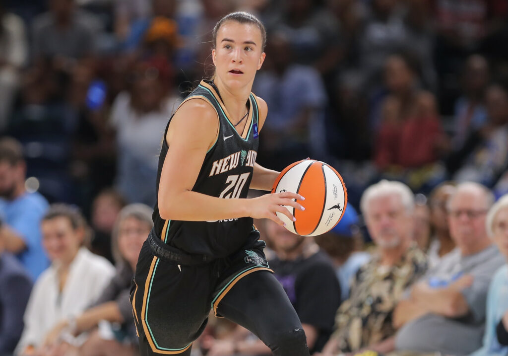 NY Liberty's Sabrina Ionescu dribbles up the Chicago Sky court on Saturday.