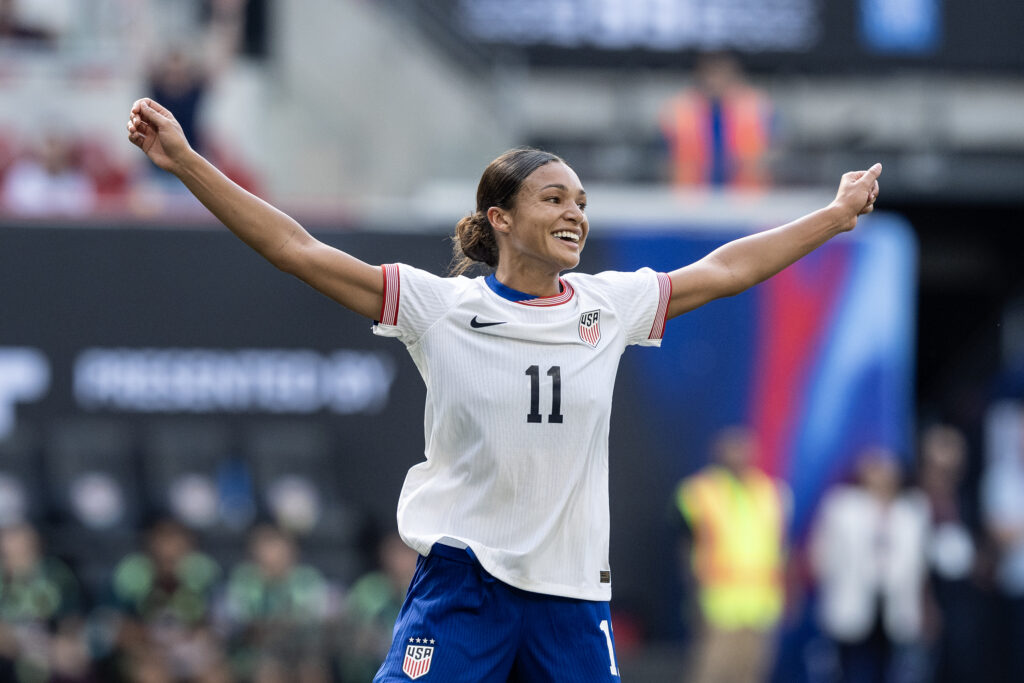 USWNT striker Sophia Smith celebrates her match-winning goal during the Americans' pre-Olympic friendly against Mexico.