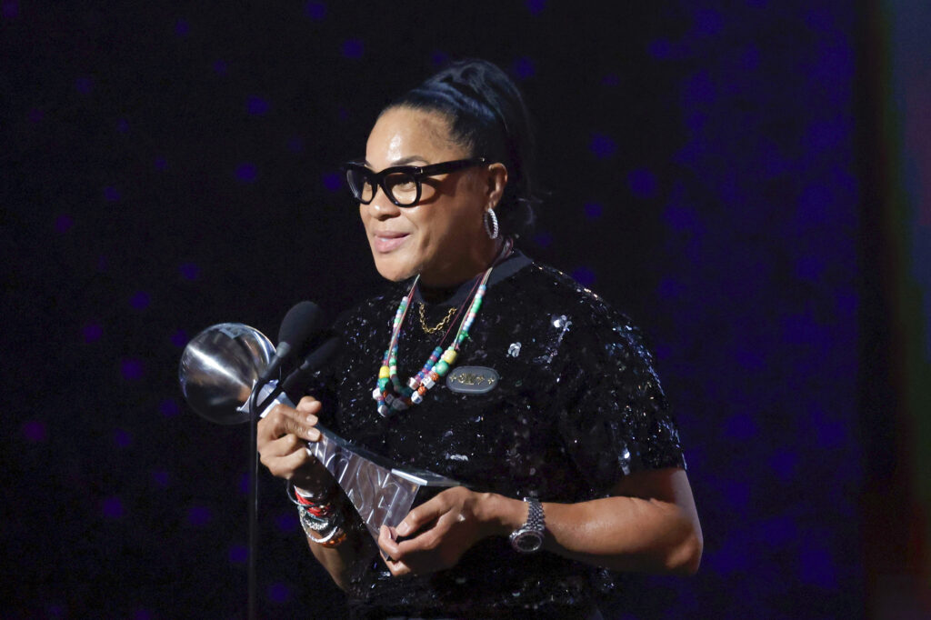 Dawn Staley accepts the Jimmy V Award for Perseverance onstage during the 2024 ESPY Awards